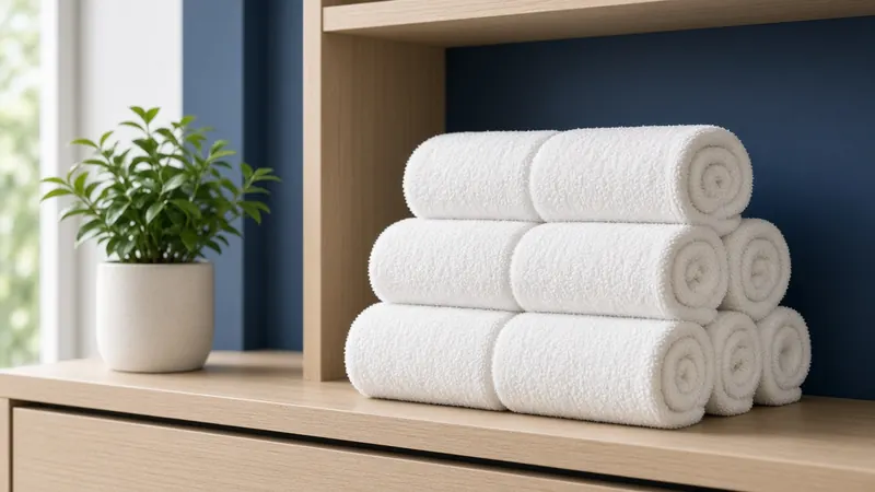 Rolled white towels stacked on a light wood shelf