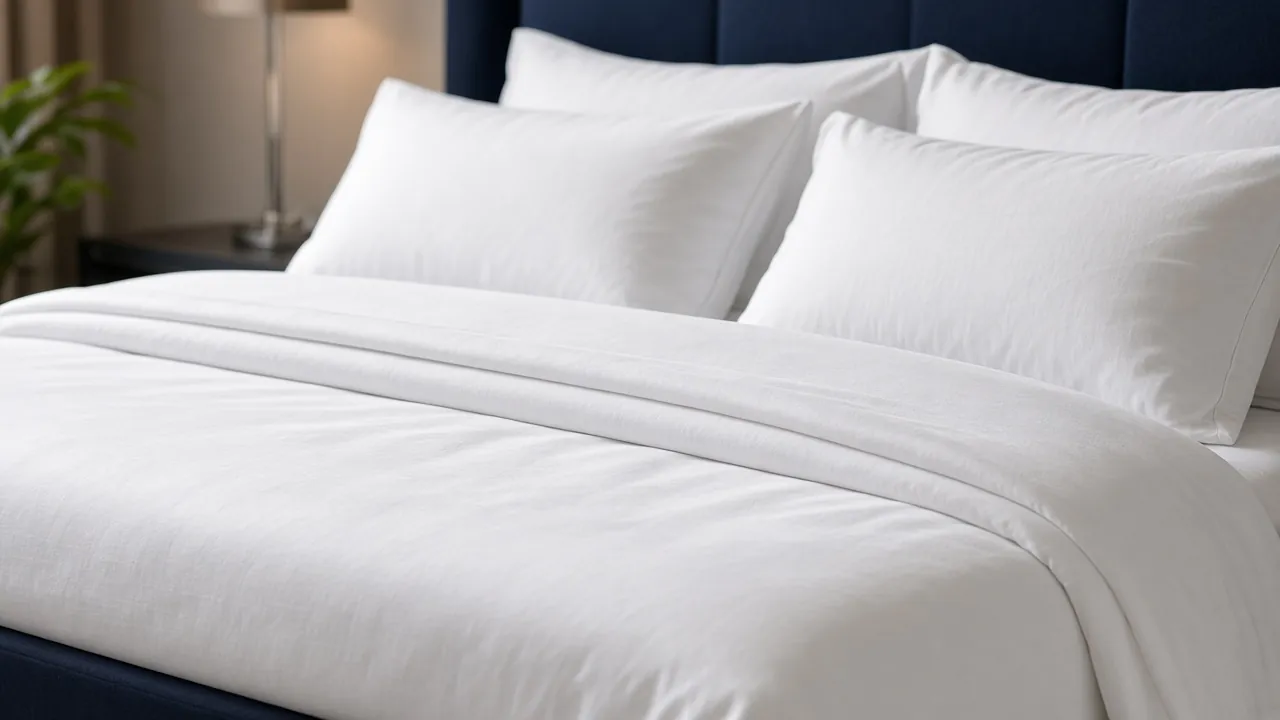 Hotel bed made up with a crisp white duvet and white pillows